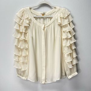 Anthropologie Leifsdottir Silk Cream Blouse Long Tiered Ruffle Sleeves Size 4